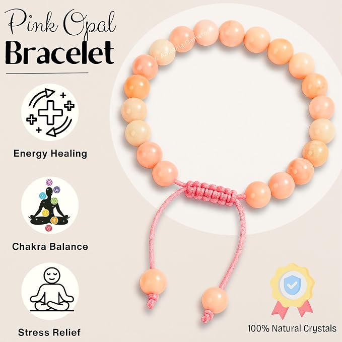 Amazing Gemstone Pink Opal Bracelet, Gifts for Men & Women - Protection Healing Crystal Bracelet - 8mm Gemstone Beaded Adjustable Bracelet, Pulseras para Hombres Mujer Stocking Stuffers
