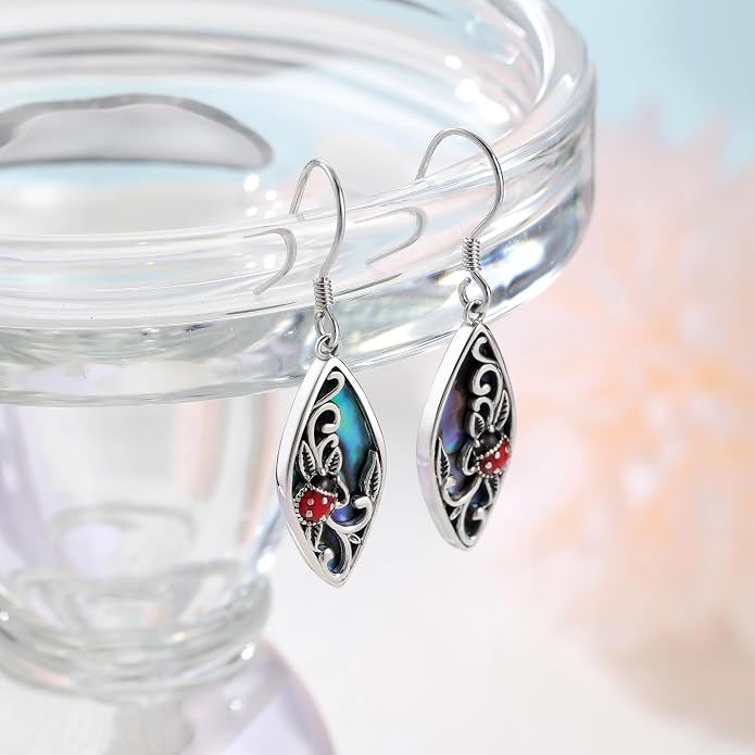 Sterling Silver Abalone Shell Filigree Dangle Drop Earrings Bohemia Jewelry Gift for Women Mother Mom