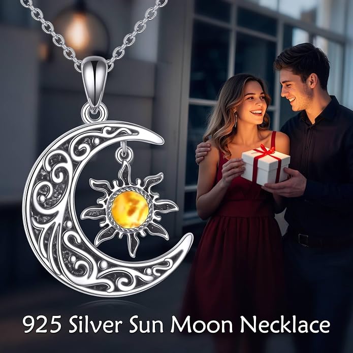 VONALA Crescent Moon Necklace Sterling Silver Emerald/Red/Purple/Black/Rainbow Topaz/Green/Aquamarine/Blue/Moss Agate Celtic Moon Teardrop Necklace Celtic Jewelry Gifts for Women Birthday