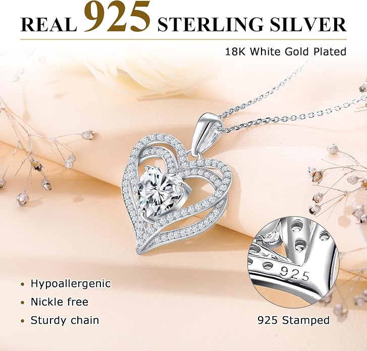 Anniversary Charm Necklace, Sterling Silver 14K Gold Plated Chain with Interlocking Heart Pendant Elegant Birthstone Necklaces for Women, Length 18"