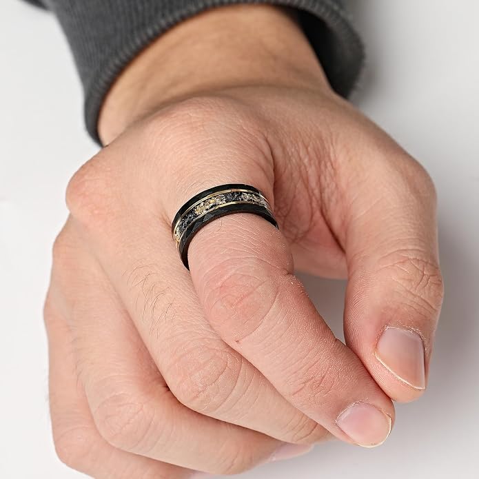 Mens Tungsten Carbide Wedding Bands 8mm Black Hammered Edge Gold Foil Inly Durable Scratch Proof Stainless Steel Cool Promise Ring for Him Comfort Fit
