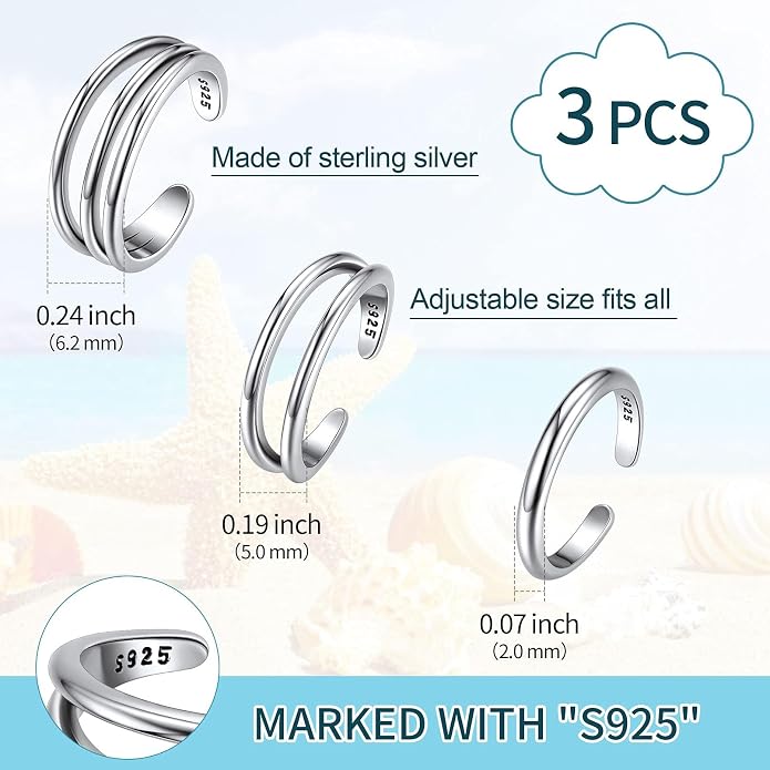 ChicSilver 925 Sterling Silver Toe Ring Minimalist Hypoallergenic Adjustable Band Ring Summer Beach Bare Foot Jewelry