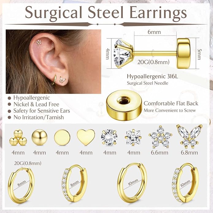 Jstyle 17 Pairs Hypoallergenic Gold Hoop Earrings for Women Flat Back Earrings for Women Surgical Stainless Steel Earrings for Sensitive Ears Small Hoop Cartilage Earring Stack Piercing Jewelry Set