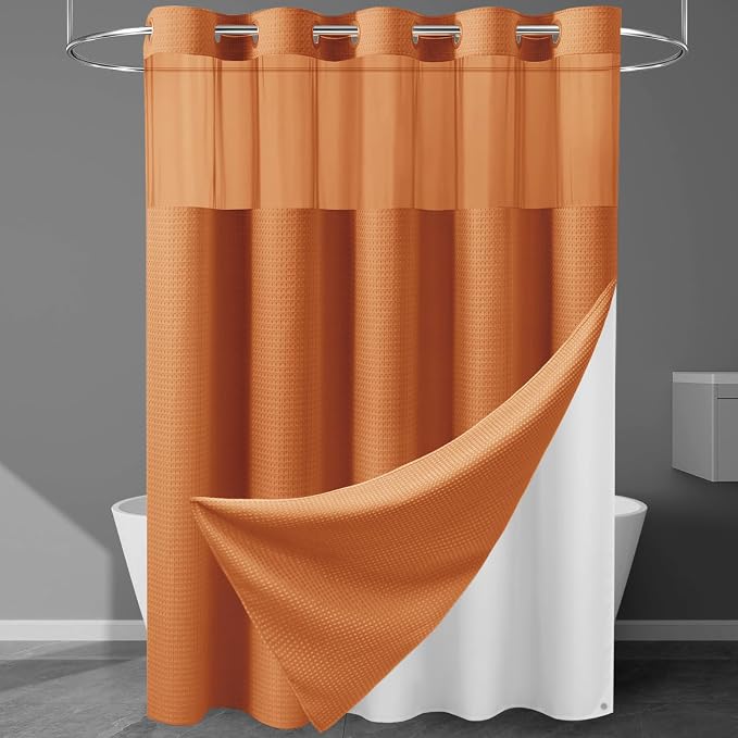EUTXL Heavyweight Burnt Orange No Hook Shower Curtain with Snap in Liner,256GSM Waffle Weave Shower Curtains for Bathroom,71W x 74H