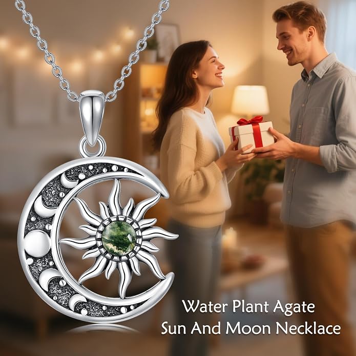Sun and Moon Necklace 925 Sterling Silver Sun Moon Pendant Gemstone Jewelry Gifts for Women