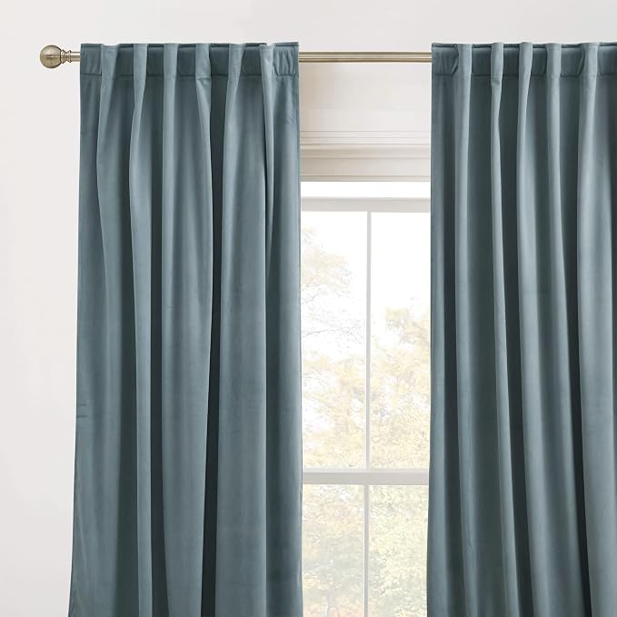 RYB Home Blue Velvet Curtains 96 inches - Room Darkening Curtains for Bedroom, Back Tab Thermal Insulated Light Block Window Drapes, Width 62 x Length 96 inch, Stone Blue, 2 Panels