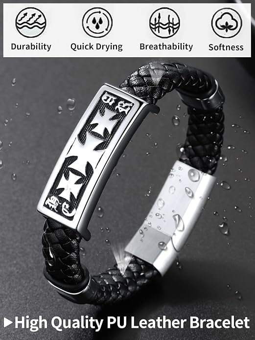 ChainsHouse Mens Wrap Braided Leather Black Bead Bracelets Bangles, Vintage Star of David/Wing Skull/Templar Cross Genuine Leather Bracelet, Customize Available, Size 7.5/8.3/9.0 Inch, Send Gift Box