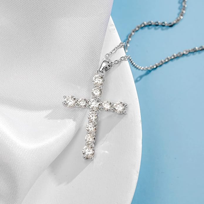Carleen Cross Necklace For Women Yellow Gold Plated Sterling Silver Cubic Zirconia CZ Simulated Diamond Cross Crucifix Pendant Necklace Jewelry Easter Gift for Women, 18" Silver Chain Nice Gifts Jewelry Box