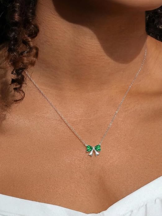 ChicSilver Bow and Cat Birthstone Necklace, 925 Sterling Silver Pendant Necklaces for Women, Hypoallergenic Silver Choker with 16 inch Rolo Chain, 12 Months Jewelry for Valentines Mothers Day Christmas
