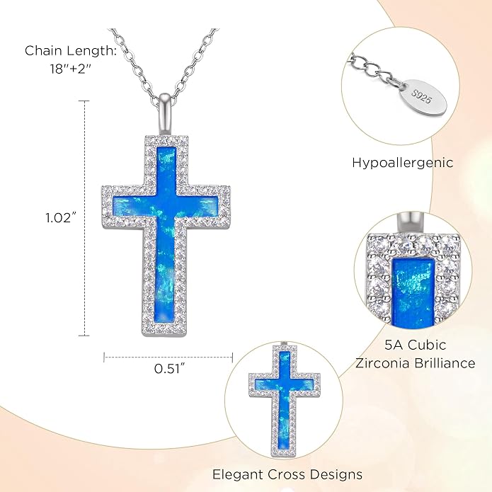 NORBU S925 Opal Cross Necklace for Women, Sterling Silver Opal Gemstone Womens Cross Necklaces, Cross Pendant with 5A Cubic Zirconia, Women's October Birthstone Jewelry Gifts for Birthday, Anniversary, Christmas