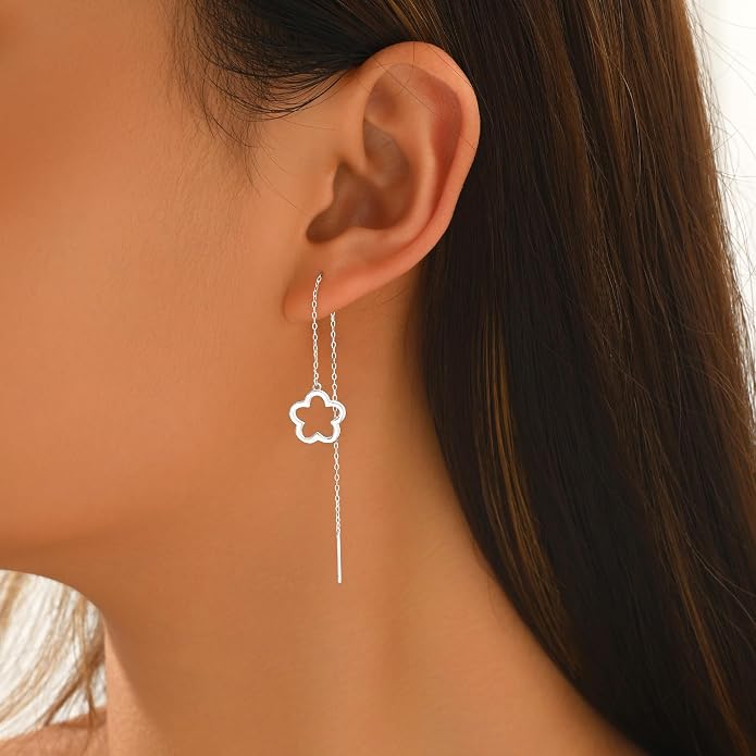 Flower Threader Drop Earrings for Women, 925 Sterling Silver Dainty Hollow Floral Dangle Earrings to Daughter Mother 14k Gold Plated Flowers Long Tassel Chain Earring Birthday Wedding Jewelry Gift