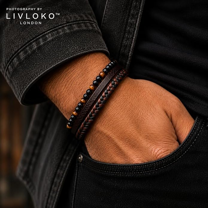 LONDON Mens Bracelet Leather Black Multi-Layer Stone Beads Adjustable Steel Clasp Viking Rope Bands Surfer Man Wristband Male UK Jewellery Gift box Boyfriend Dad Son Brother Tiger Eye