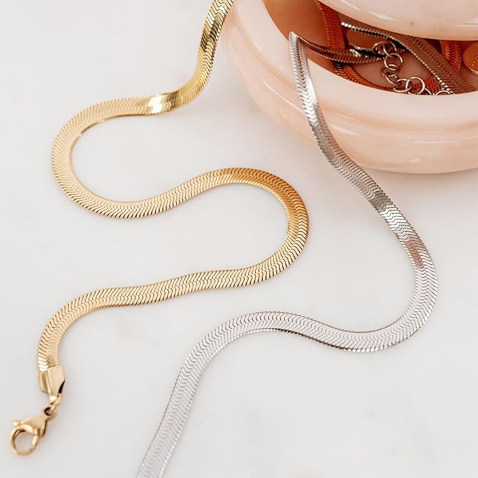 CHESKY Gold Necklace for Women-14K Plated/S925 sterling silver Snake Chain Necklace Dainty Simple Chunky Herringbone Necklace Gold Choker Necklaces Jewelry for Women Mothers Day Gifts for Mom