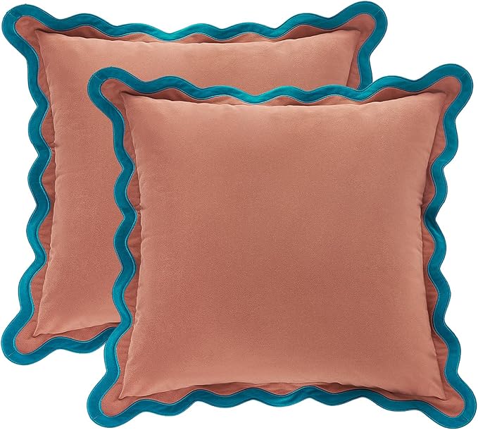 MONDAY MOOSE Decorative Throw Pillow Covers Cushion Cases, Set of 2 Soft Velvet Scalloped Wavy Edge Designs, Mix and Match for Home Decor, Pillow Inserts Not Included (16x16 inch, Teal/Pink)
