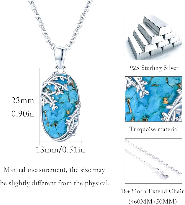 Oval Turquoise Life Of tree Necklace for Women S925 Sterling Silver Family Tree Necklace Lucky Turquoise Jewelry