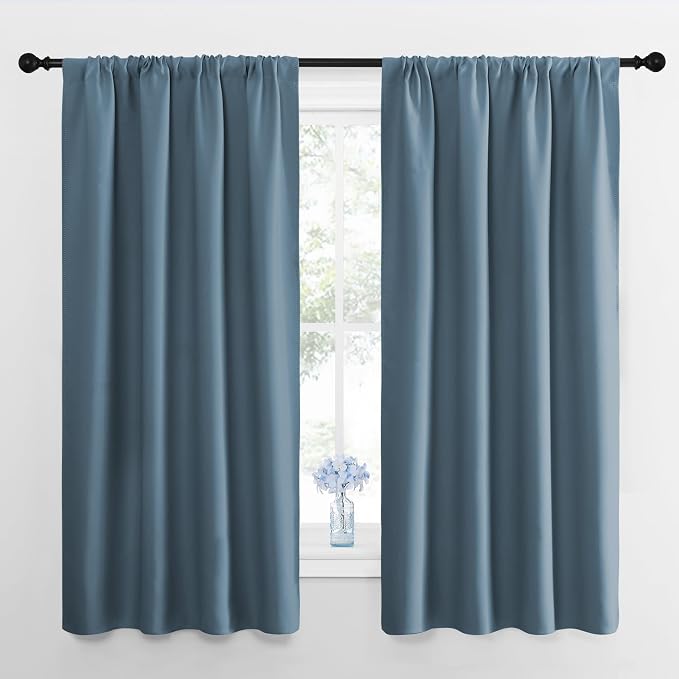 NICETOWN Window Curtains for Bedroom, Smoky Blue, 2 Panels, W42 x L48 -Inch, Home Decoration Thermal Insulated Rod Pocket Blackout Blinds & Drapes for Small Windows