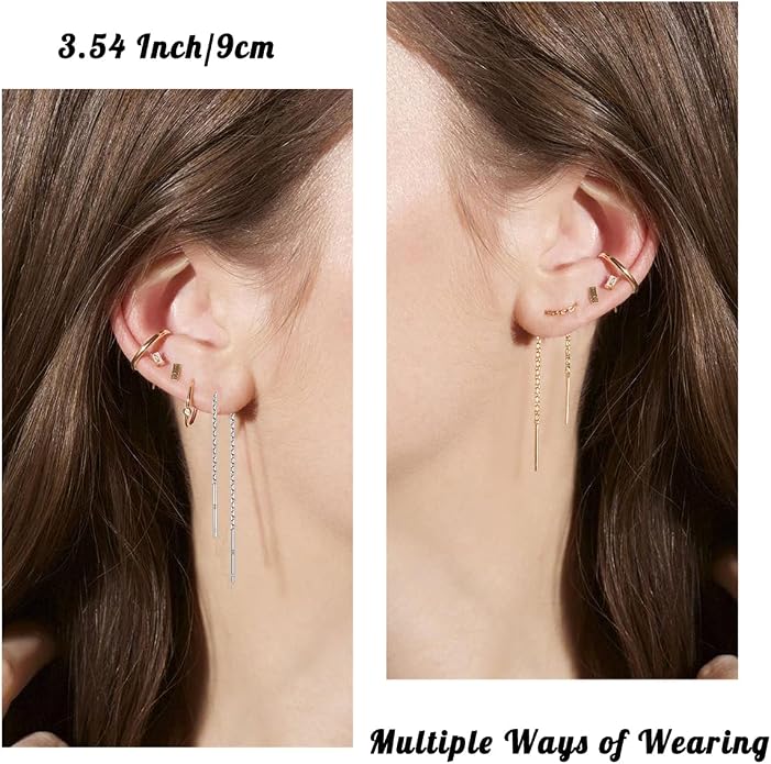 2 Pairs S925 Sterling Silver Chain Threader Earrings For Women Bar Wrap Threader Dangle Drop Earrings Lightweight Minimalist Hypoallergenic Earrings Anniversary Jewelry
