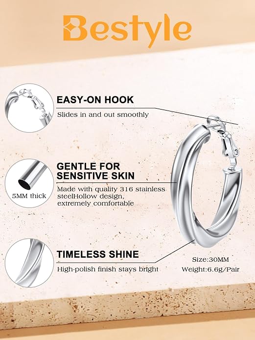 Bestyle 5mm Thick Gold Hoop Earrings Hypoallergenic Hoops for Sensitive Ears Trendy Lightweight Chunky Earrings for Women 30/40/60/80mm