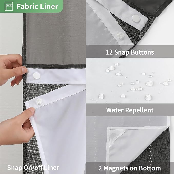 eachope Boho Farmhouse No Hook Shower Curtain Set with Snap-in Fabric Liner,Heavy-Duty Linen Textured Rustic Striped Design,Water-Repellent with Tassels and Sheer Window,Charcoal Grey,71x74