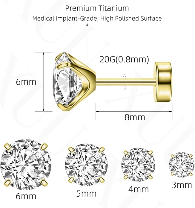 XUU Flat Back Stud Earrings, Implant Grade Titanium Earrings Set for Women, Hypoallergenic 20G Screw Back Earrings for Sensitive Ears, 3–6mm CZ Crystal, Gold Silver Black