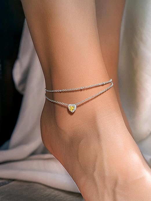 Richsteel Double Layer Heart/Butterfly Birthstone Anklet for Women Non Tarnish Waterproof, Silver/Gold/Black Stainless Steel 8.5-10.5 Inch Adjustable Chain Anklets Jewelry Gifts for Her