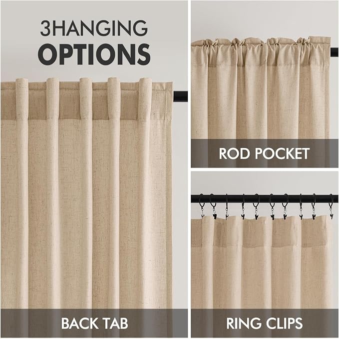 MIULEE Non-See-Through Privacy Linen Curtains 52W x 96L Inch Light Brown | 2 Panels, Light Filtering, Semi Sheer Window Curtains, Farmhouse Textured, Back Tab Drapes for Bedroom Living Room