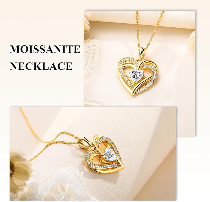 Anniversary Charm Necklace, Sterling Silver 14K Gold Plated Chain with Interlocking Heart Pendant Elegant Birthstone Necklaces for Women, Length 18"