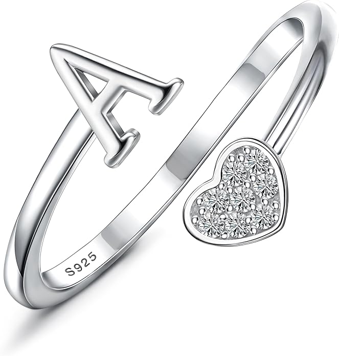 MILACOLATO 925 Sterling Silver Initial Rings for Women Teen Girl 18K Gold Plated Heart Initial Rings Adjustable Capital Letter Ring Stackable Thumb Pinky Rings for Daughter Birthday Bridesmaid Gifts Jewelry, A to Z