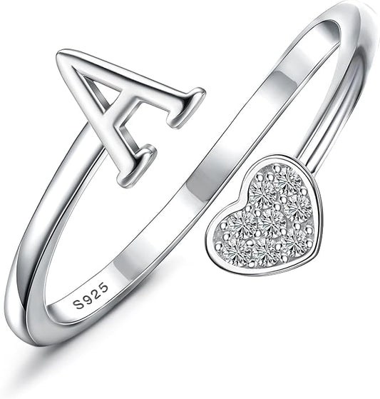 MILACOLATO 925 Sterling Silver Initial Rings for Women Teen Girl 18K Gold Plated Heart Initial Rings Adjustable Capital Letter Ring Stackable Thumb Pinky Rings for Daughter Birthday Bridesmaid Gifts Jewelry, A to Z
