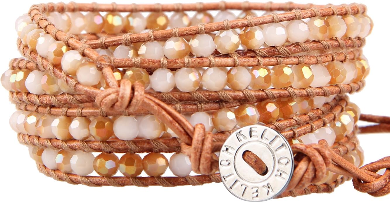 KELITCH Pearl Crystal Beads Bracelets Handmade Natural Leather 5 Wrap Bracelet for Women Classic Bangle Jewelry