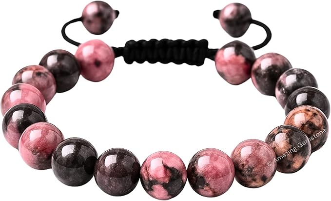 Amazing Gemstone Rhodonite Bracelet, Gifts for Men & Women - Protection Healing Crystal Bracelet - 8mm Gemstone Beaded Adjustable Bracelet, Pulseras para Hombres Mujer Stocking Stuffers