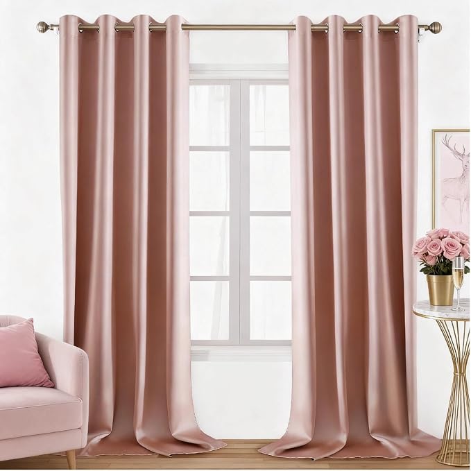HOMEIDEAS 2 Panels Blush Pink Faux Silk Blackout Luxury Curtains, 52 X 108 Inch Room Darkening Satin Thermal Insulated Vintage Window Drapes for Bedroom Decor, Indoor, Living Room