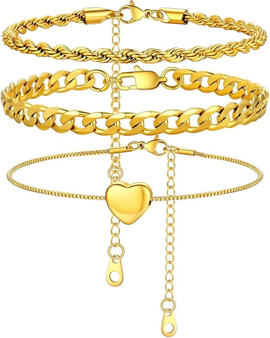 U7 2Pcs/3Pcs Ankle Bracelets for Women, Stainless Steel Cuban Link/Figaro/Rope/Heart Chain Anklets Sets,Waterproof Layered Anklets Adjustable 8.5"-10.5"