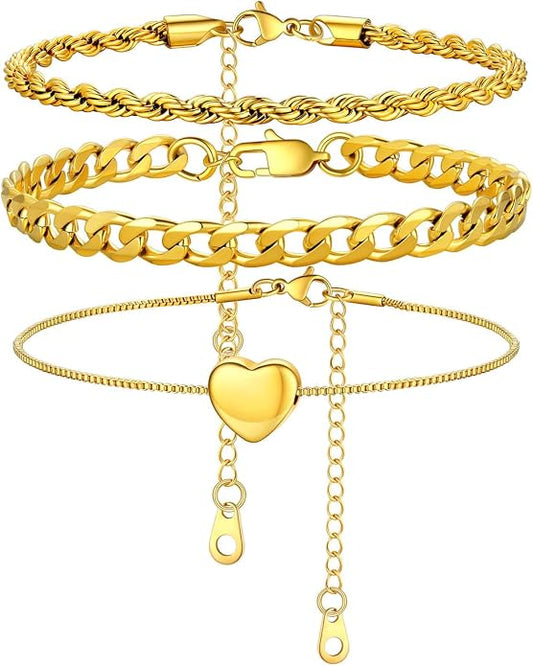 U7 2Pcs/3Pcs Ankle Bracelets for Women, Stainless Steel Cuban Link/Figaro/Rope/Heart Chain Anklets Sets,Waterproof Layered Anklets Adjustable 8.5"-10.5"
