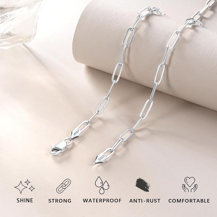 18K Gold Plated and 925 Sterling Silver Paperclip Chain Necklace for Women, 3mm 4mm Women's Chain Necklace, World's Top Craftsmanship Necklace for Women 16 18 20 22 24 26 Inch
