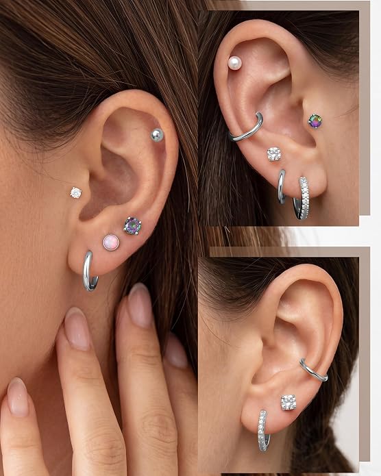 14K Gold Plated Hypoallergenic Earring Stack Set, Surgical Steel Flat Back & Screw Back Studs, Multi‑Size Small Huggie Hoops, Nickel‑Free CZ Pearl Opal Cartilage Earrings, Comfortable Sleeping Piercing Jewelry for Sensitive Ears Women & Men