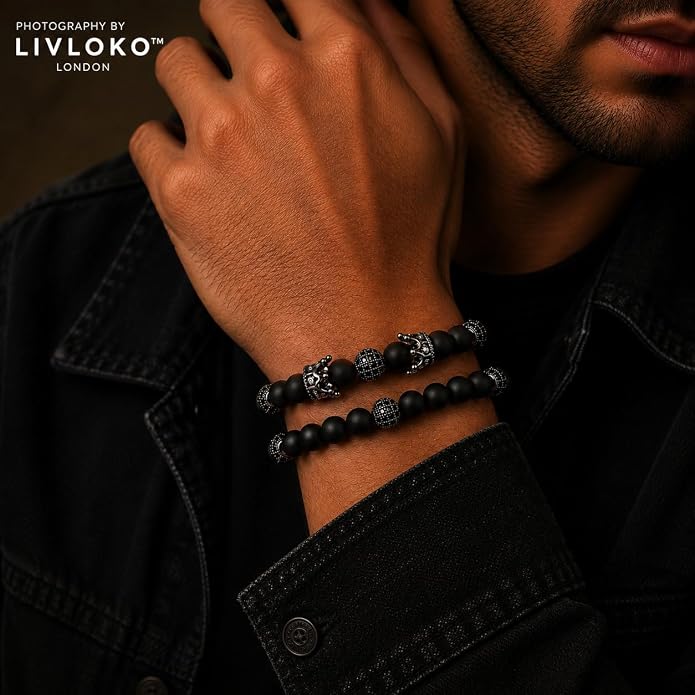 LONDON Mens Bracelet Leather Black Multi-Layer Stone Beads Adjustable Steel Clasp Viking Rope Bands Surfer Man Wristband Male UK Jewellery Gift box Boyfriend Dad Son Brother Tiger Eye