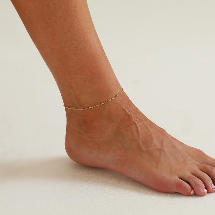 Dainty Ankle Bracelets for Women 18K Gold Plated Satellite Beaded Herringbone Lip Chain Anklets Simple Minimalist Summer Beach Foot Jewelry Christmas Gifts