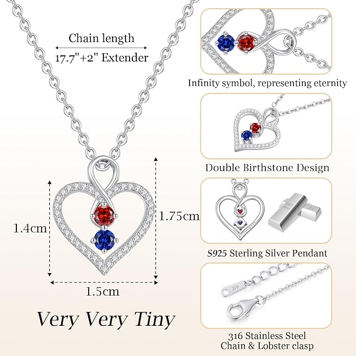 LOUISA SECRET Double Birthstone Necklaces for Women, 925 Sterling Silver Infinity Love Heart Pendant Necklace for Her, Birthday Anniversary Valentine's Day, Christmas, Wedding, Graduation Gift for Her, Personalized Gifts, Jewelry Gifts for Wife Mom Gir...