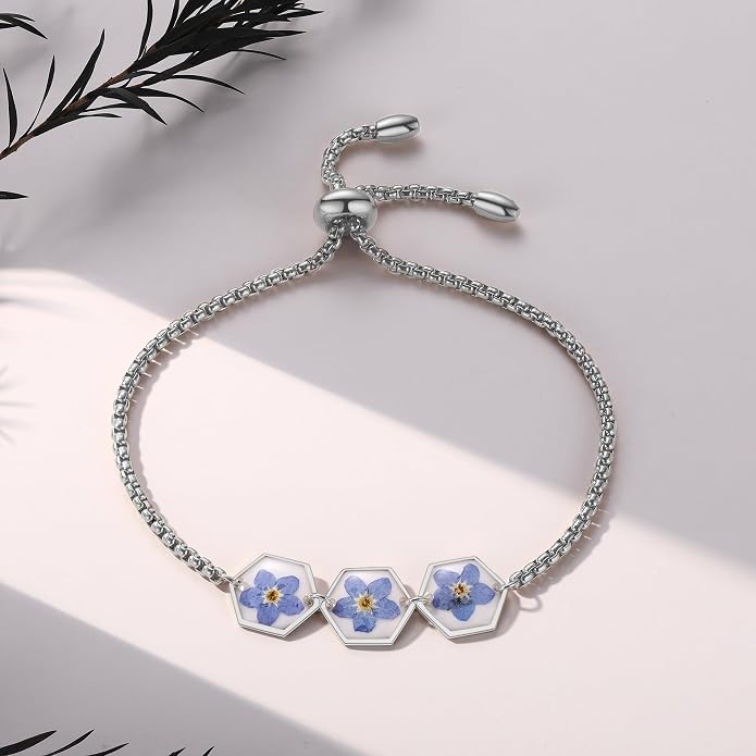 AUNTESIGN Forget-Me-Not Pressed Wildflower Bracelet | Pressed Flower Bracelet | Gold/Silver Pressed Flower Jewelry | Personalized Handmade Jewelry | Gift For Women