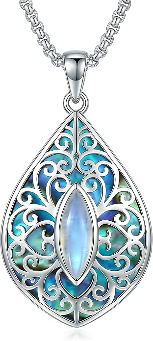 Filigree Moonstone Necklace 18K White Gold Plated Moonstone Pendant Necklace Filigree Jewelry Gifts for Women