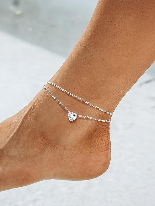 Richsteel Double Layer Heart/Butterfly Birthstone Anklet for Women Non Tarnish Waterproof, Silver/Gold/Black Stainless Steel 8.5-10.5 Inch Adjustable Chain Anklets Jewelry Gifts for Her