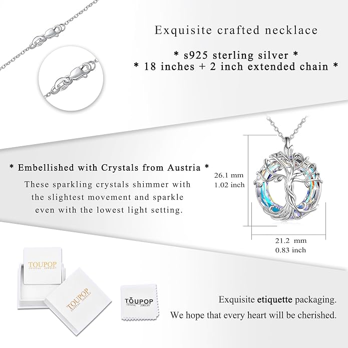 TOUPOP Tree of Life Necklace Gifts for Women 925 Sterling Silver Family Tree Pendant with Crystal Birthday Irish Jewelry Gifts for Women Her Wife Mom