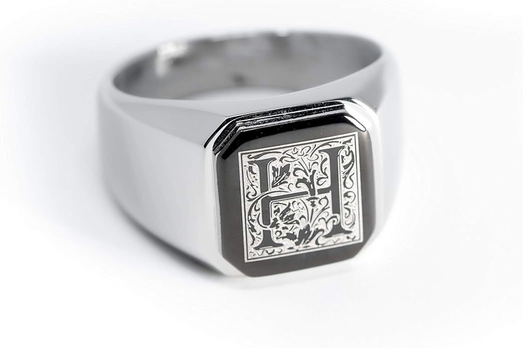 Jewelry | Stainless Steel Letter Alphabet Initial Ring | Square Flat Top Ring for Men & Women | Stainless Steel Jewelry, (Black, Gold, Silver), Size 7-16