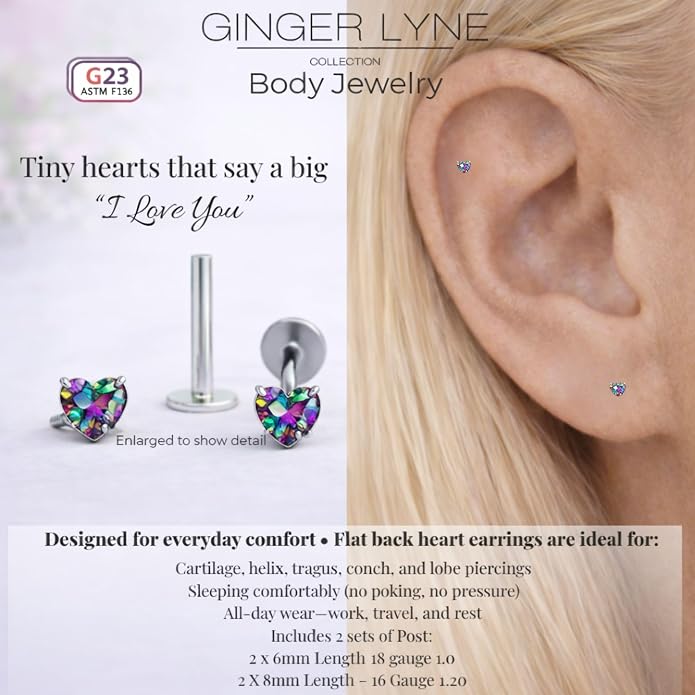 Titanium Heart CZ Labret Stud Earrings for Piercings by Ginger Lyne 6Pc Set G23 Screw Front Flat Back Body Jewelry 2 pair post 6mm, 8mm Cartilage, Helix, Tragus, Lip, Conch, Lobe