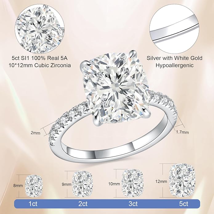 AVECON 3CT/5CT Elongated Cushion Cut Engagement Ring for Women, Wedding Promise Cubic Zirconia Band, White Gold Plated Bridal Half Eternity Rings with 4 Prong, Size 5-9