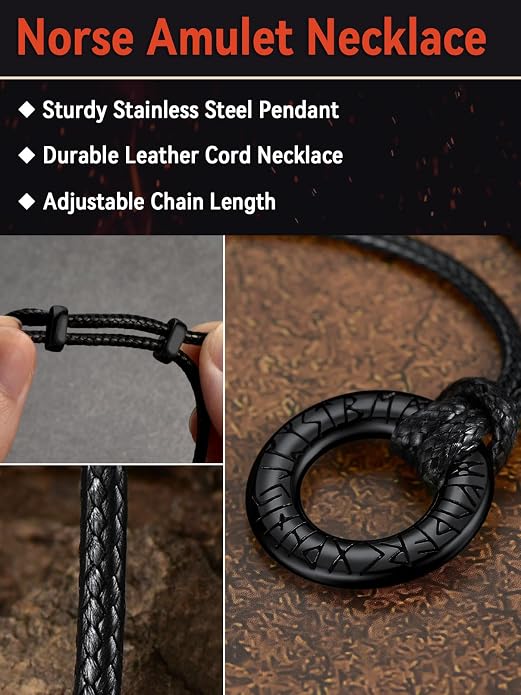 FaithHeart Norse Runes Triangle Learther Chain and Runes Round Leather Necklace