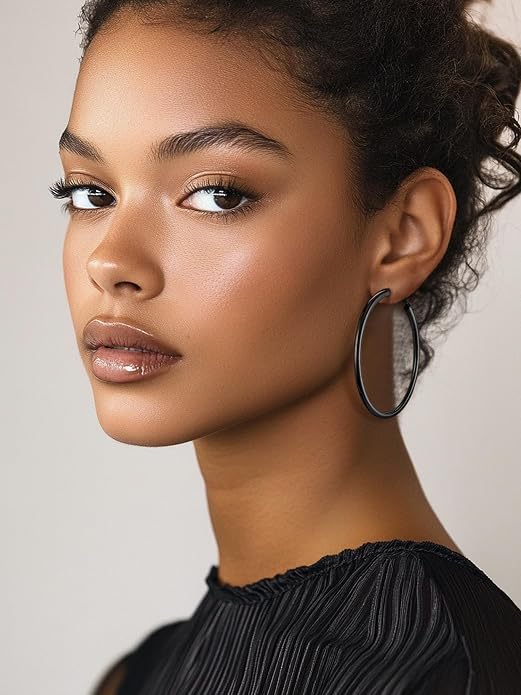 Stainless Steel Chunky Hoop Earrings For Women, Minimalist and Chic, Black/Gold Plated, Round Hoops Earrings Hypoallergenic, Size: 30mm/40mm/60mm/80mm, Come with Box