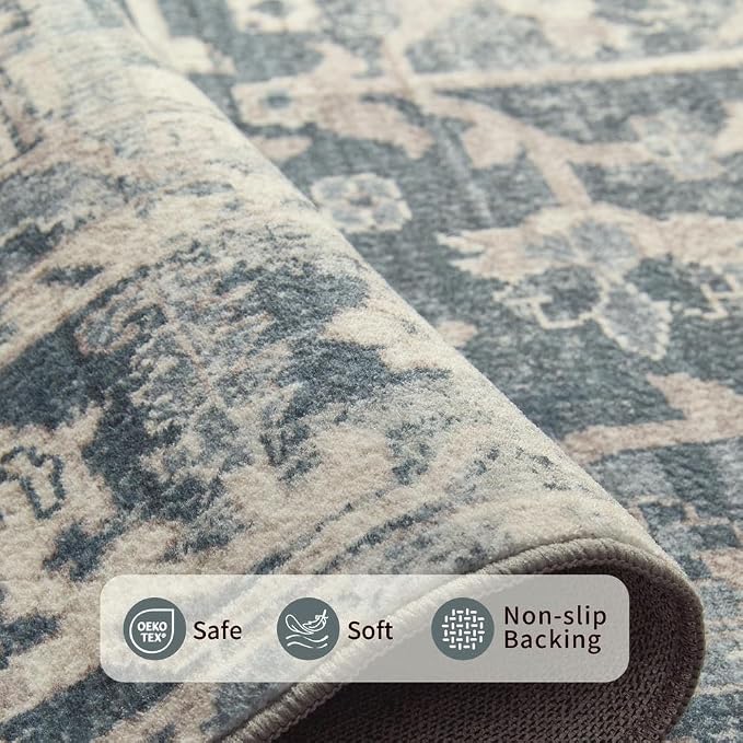 Rugxara Blue 6x9 Area Rugs Washable Rug for Living Room Dining Room Bedroom | Non Slip, Rug for Office Farmhouse Kids Room, Stain Resistant, Soft, Low Pile, Vintage Boho Floral Retro Carpet, Home Decor