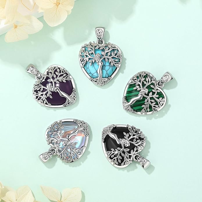 EUDORA Tree of Life Necklace with Moonstone Amethyst Obsidian Turquoise Healing Crystal for Women, Silver Plated Copper Mother Tree of Life Pendant Amulet Energy Jewelry, Gift for Women Mom, 20"+2"